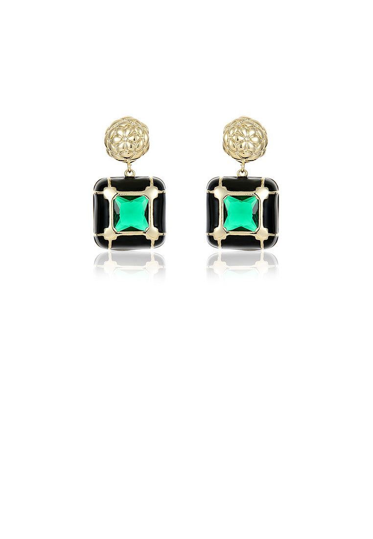 Elegant and Fashion Plated Gold Pattern Enamel Black Geometric Square Earrings with Cubic Zirconia - Luxurious Look
