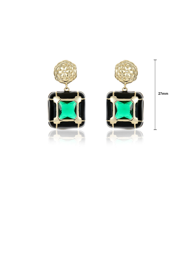 Elegant and Fashion Plated Gold Pattern Enamel Black Geometric Square Earrings with Cubic Zirconia - Luxurious Look