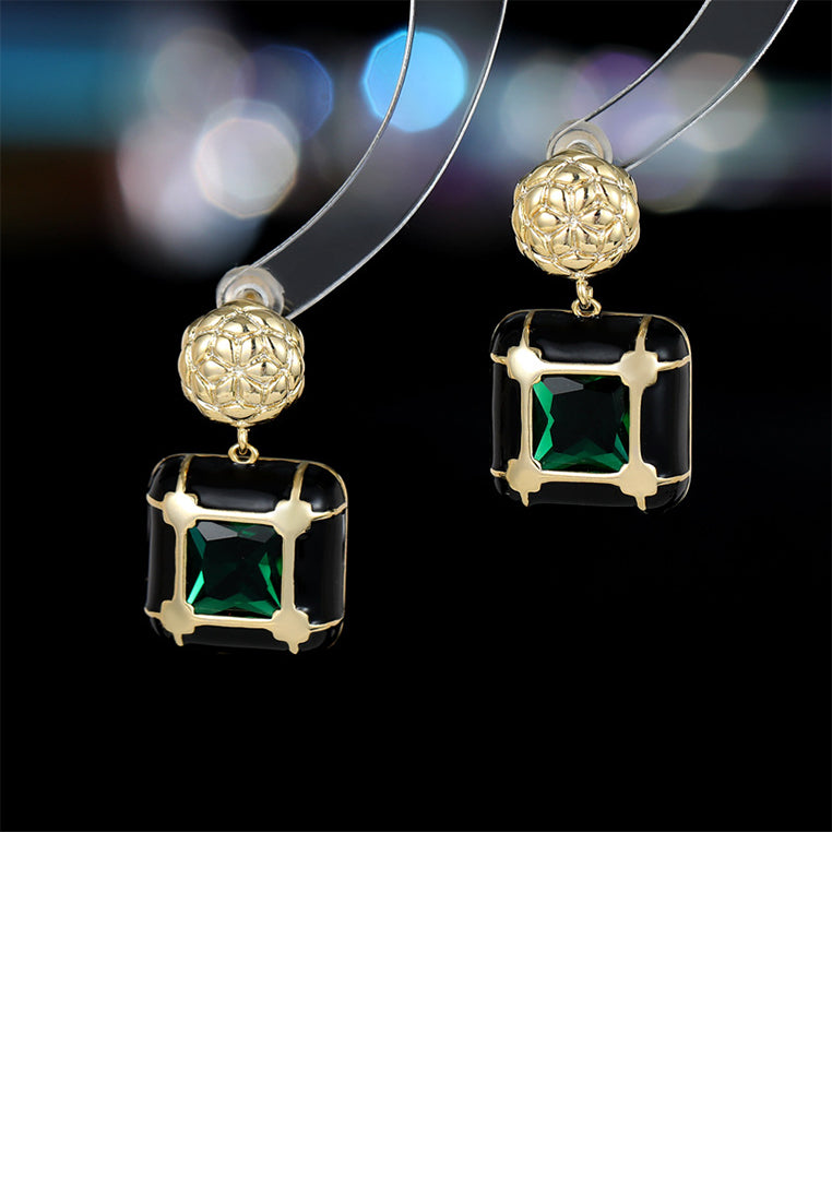 Elegant and Fashion Plated Gold Pattern Enamel Black Geometric Square Earrings with Cubic Zirconia - Luxurious Look