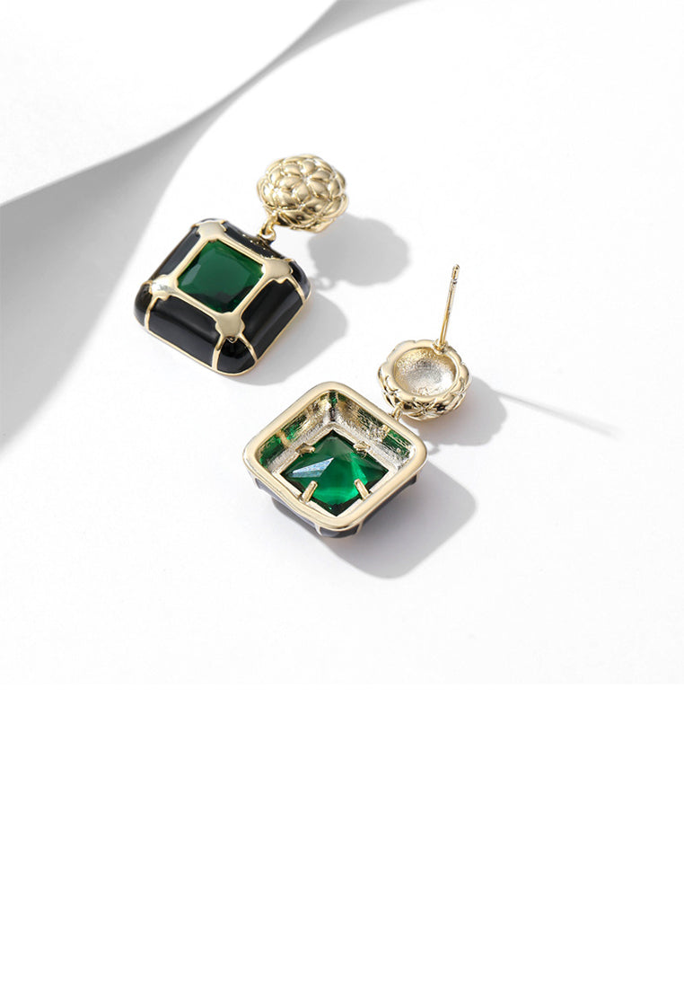 Elegant and Fashion Plated Gold Pattern Enamel Black Geometric Square Earrings with Cubic Zirconia - Luxurious Look