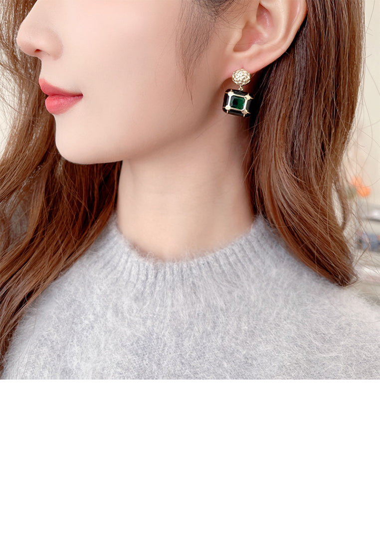 Elegant and Fashion Plated Gold Pattern Enamel Black Geometric Square Earrings with Cubic Zirconia - Luxurious Look