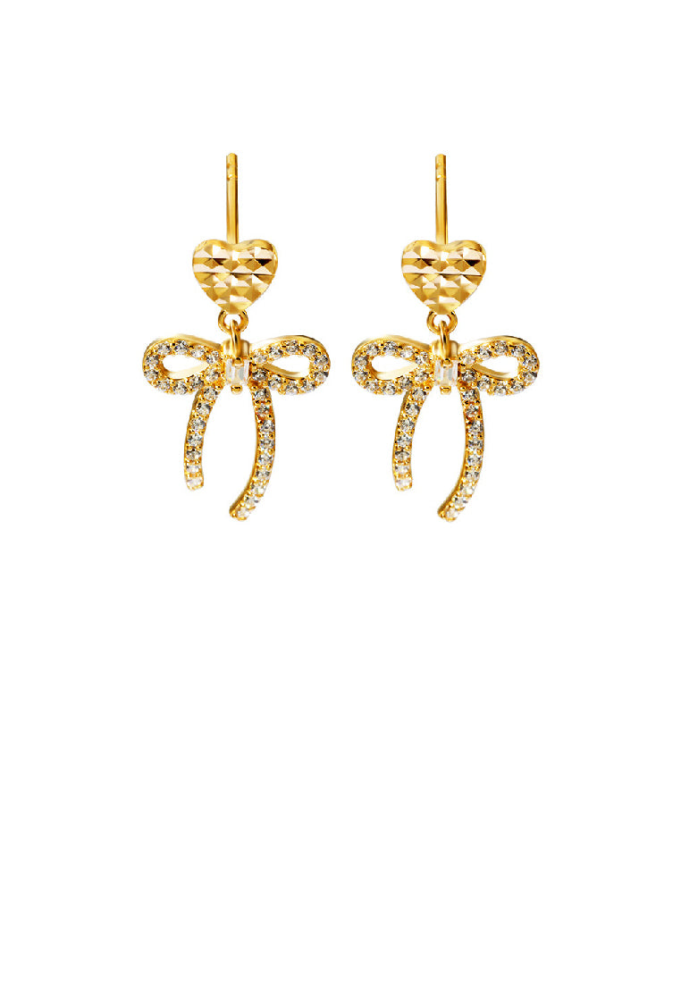 925 Sterling Silver Plated Gold Sweet Lovely Heart Ribbon Earrings with Cubic Zirconia - Luxurious Look