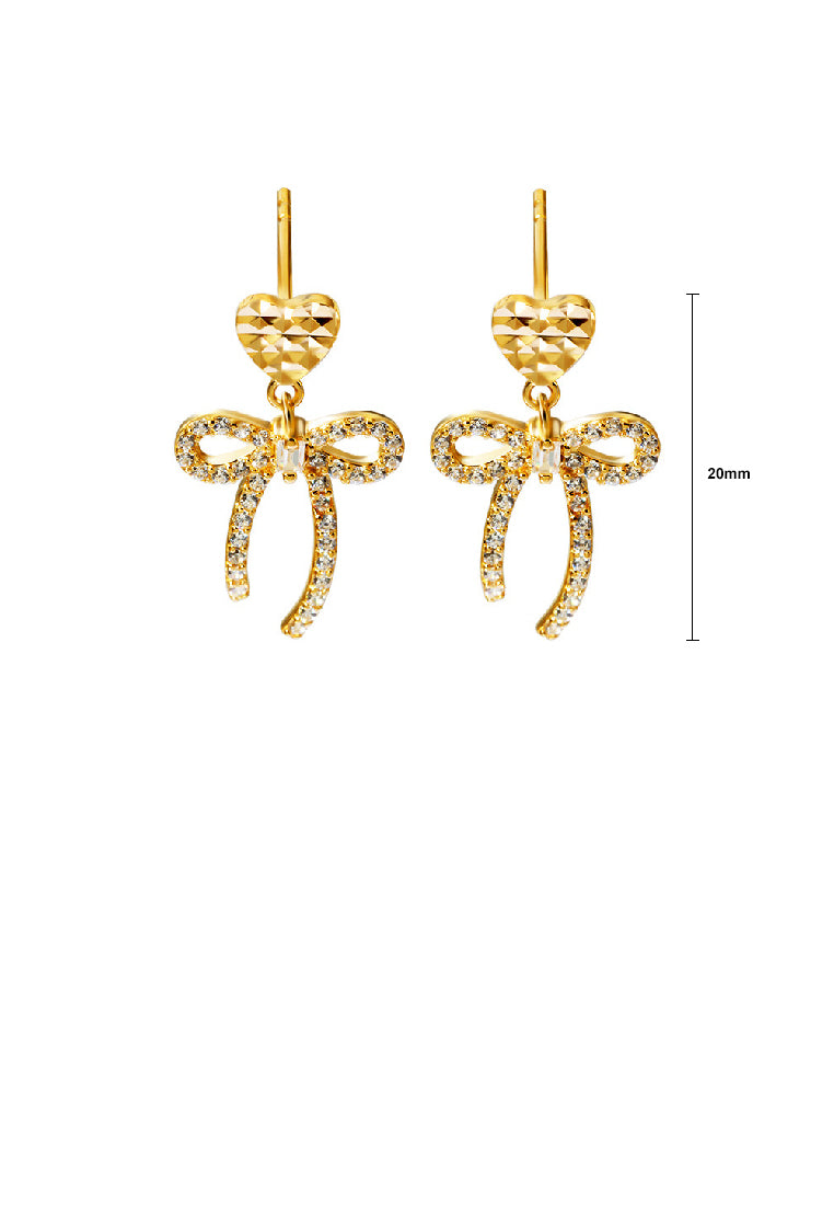 925 Sterling Silver Plated Gold Sweet Lovely Heart Ribbon Earrings with Cubic Zirconia - Luxurious Look