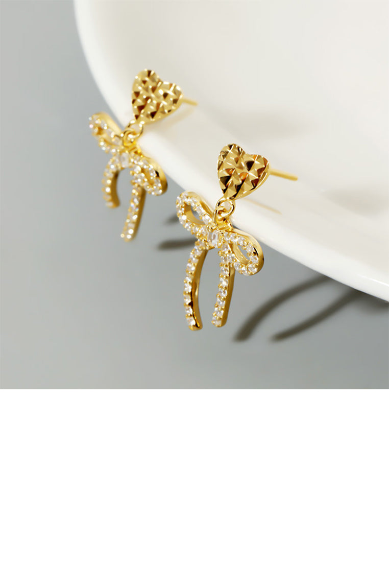 925 Sterling Silver Plated Gold Sweet Lovely Heart Ribbon Earrings with Cubic Zirconia - Luxurious Look
