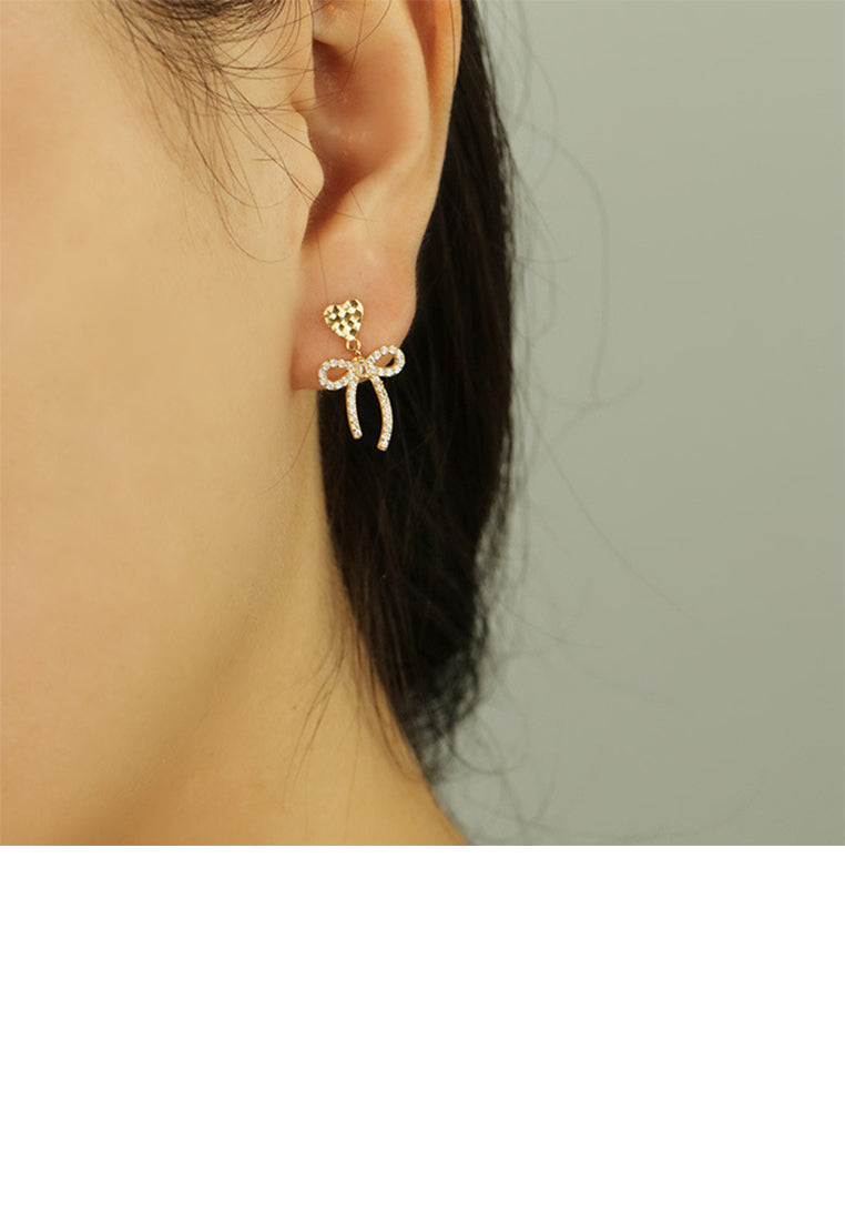 925 Sterling Silver Plated Gold Sweet Lovely Heart Ribbon Earrings with Cubic Zirconia - Luxurious Look