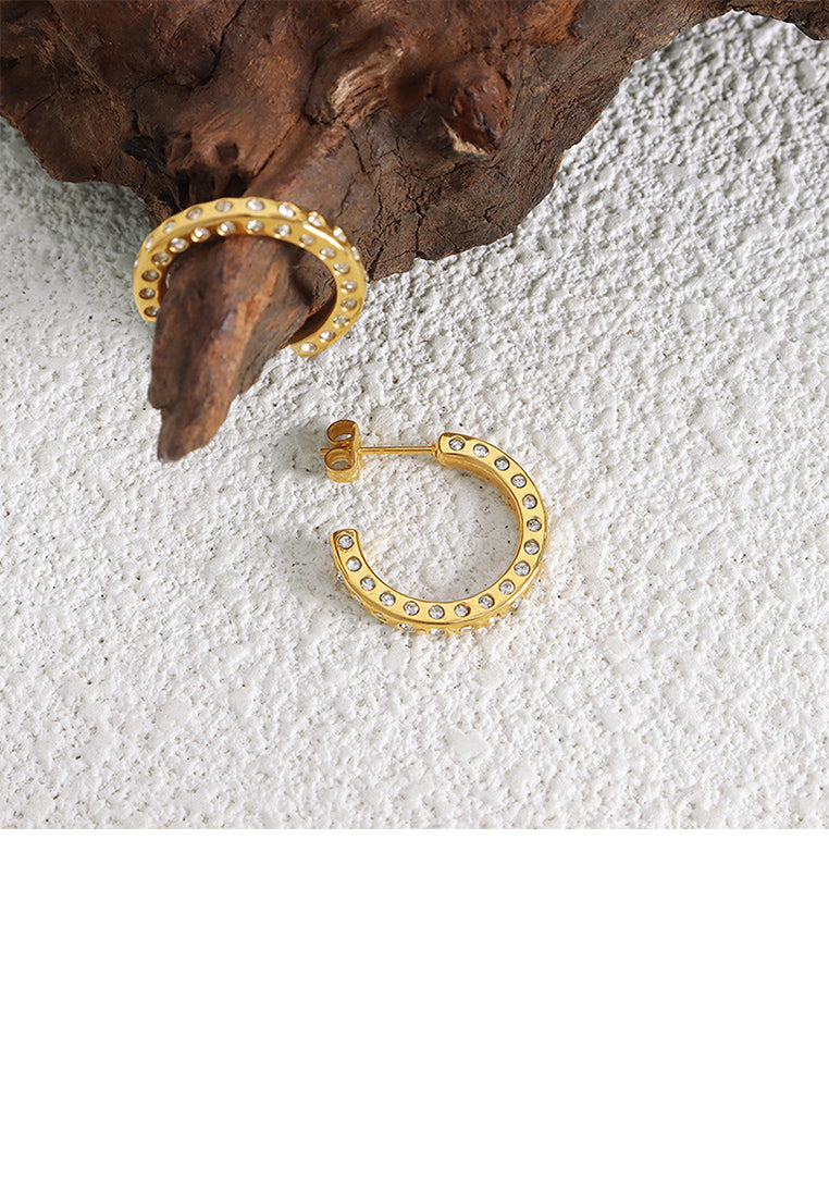 Fashion and Simple Plated Gold 316L Stainless Steel C-shaped Geometric Stud Earrings with Cubic Zirconia - Luxurious Look