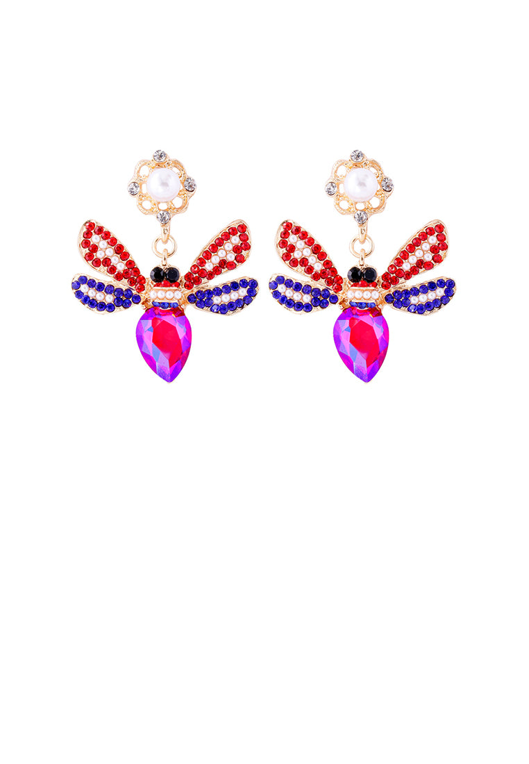 Brilliant Lovely Plated Gold Bee Imitation Pearl Earrings with Pink Cubic Zirconia - Luxurious Look - Vibrant Color