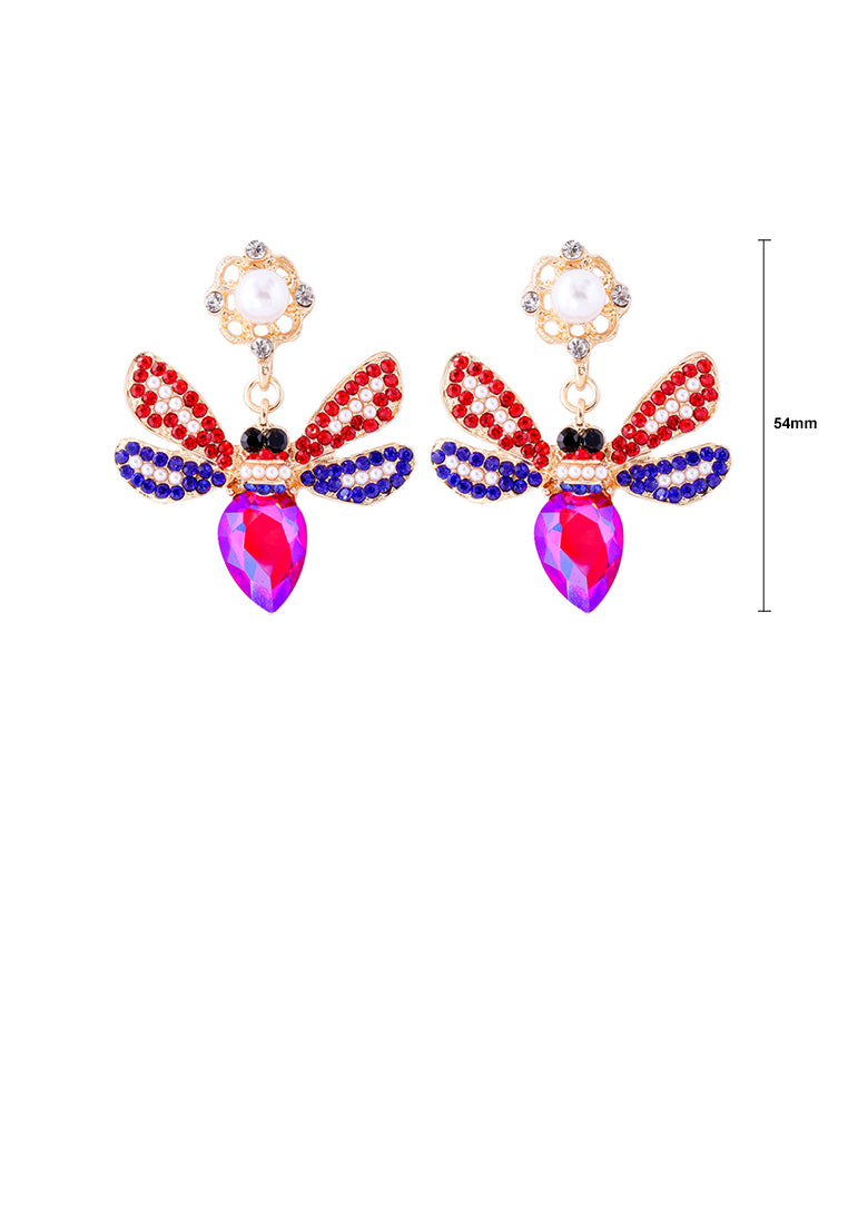 Brilliant Lovely Plated Gold Bee Imitation Pearl Earrings with Pink Cubic Zirconia - Luxurious Look - Vibrant Color