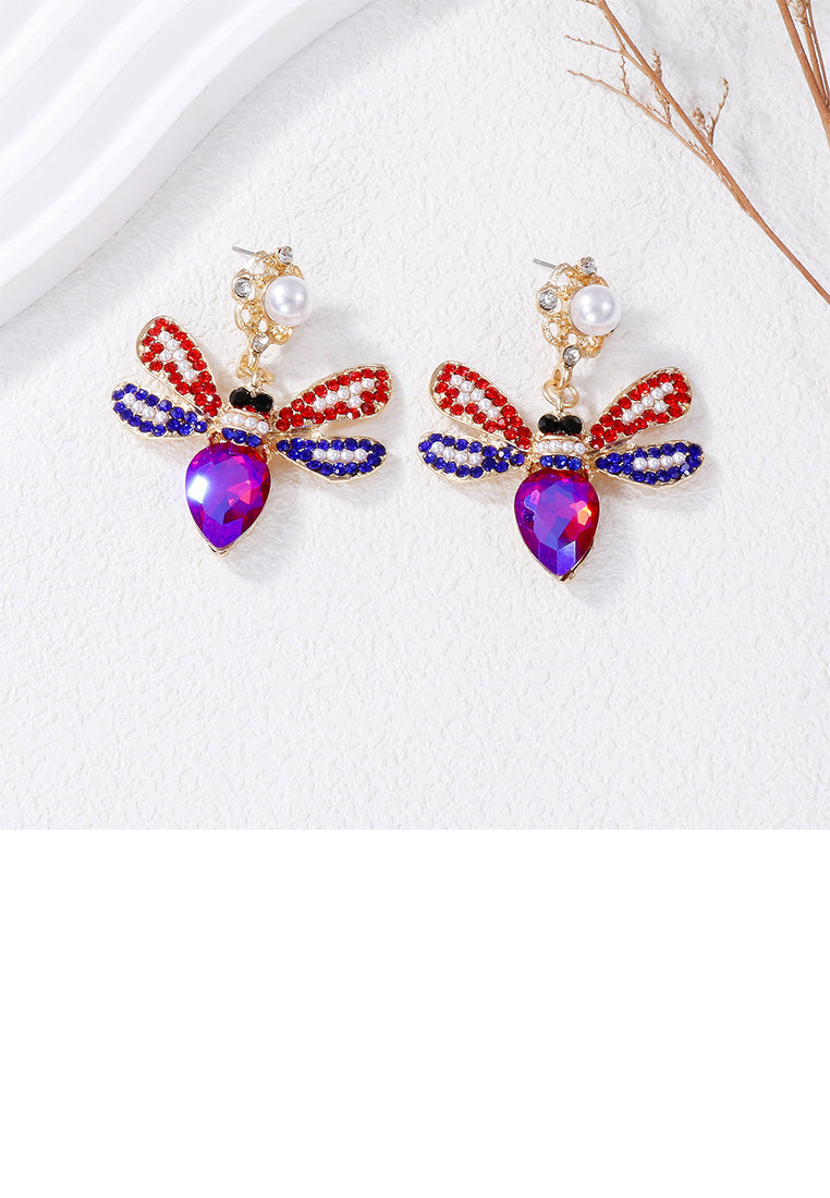 Brilliant Lovely Plated Gold Bee Imitation Pearl Earrings with Pink Cubic Zirconia - Luxurious Look - Vibrant Color