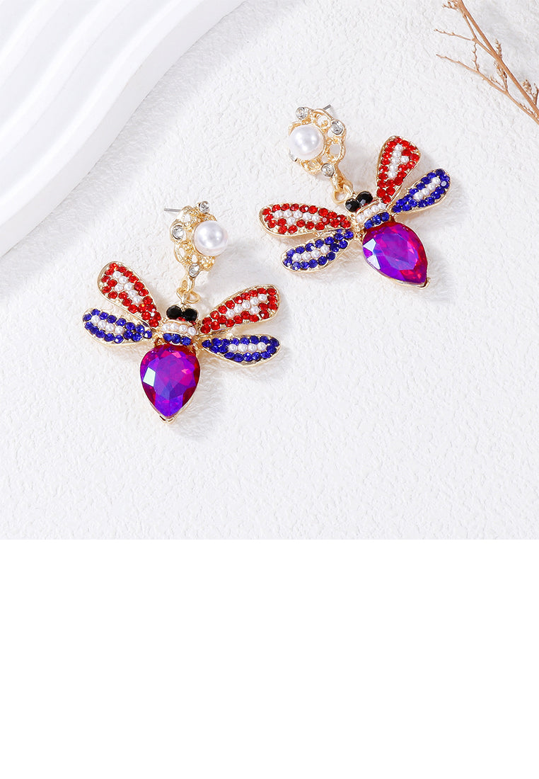 Brilliant Lovely Plated Gold Bee Imitation Pearl Earrings with Pink Cubic Zirconia - Luxurious Look - Vibrant Color