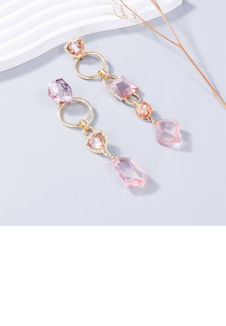 Fashion Temperament Plated Gold Irregular Geometric Pink Cubic Zirconia Tassel Asymmetric Earrings - Luxurious Look - Vibrant Color