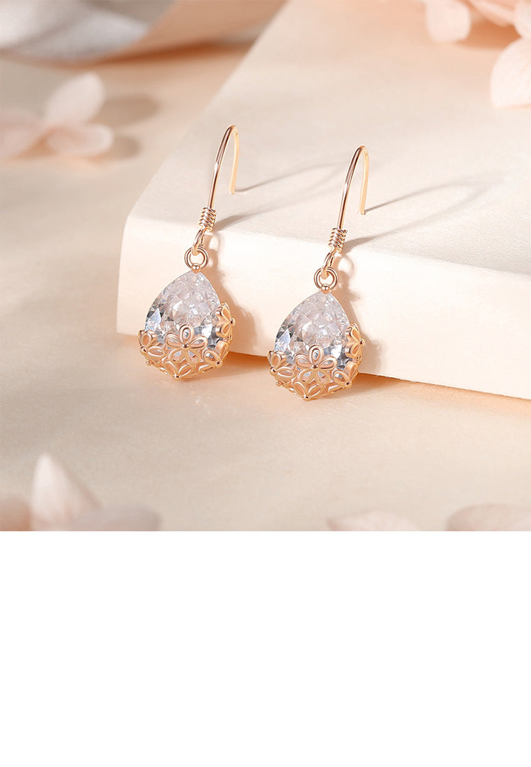 925 Sterling Silver Plated Rose Gold Fashion Temperament Flower Water Drop Earrings with Cubic Zirconia - Luxurious Look