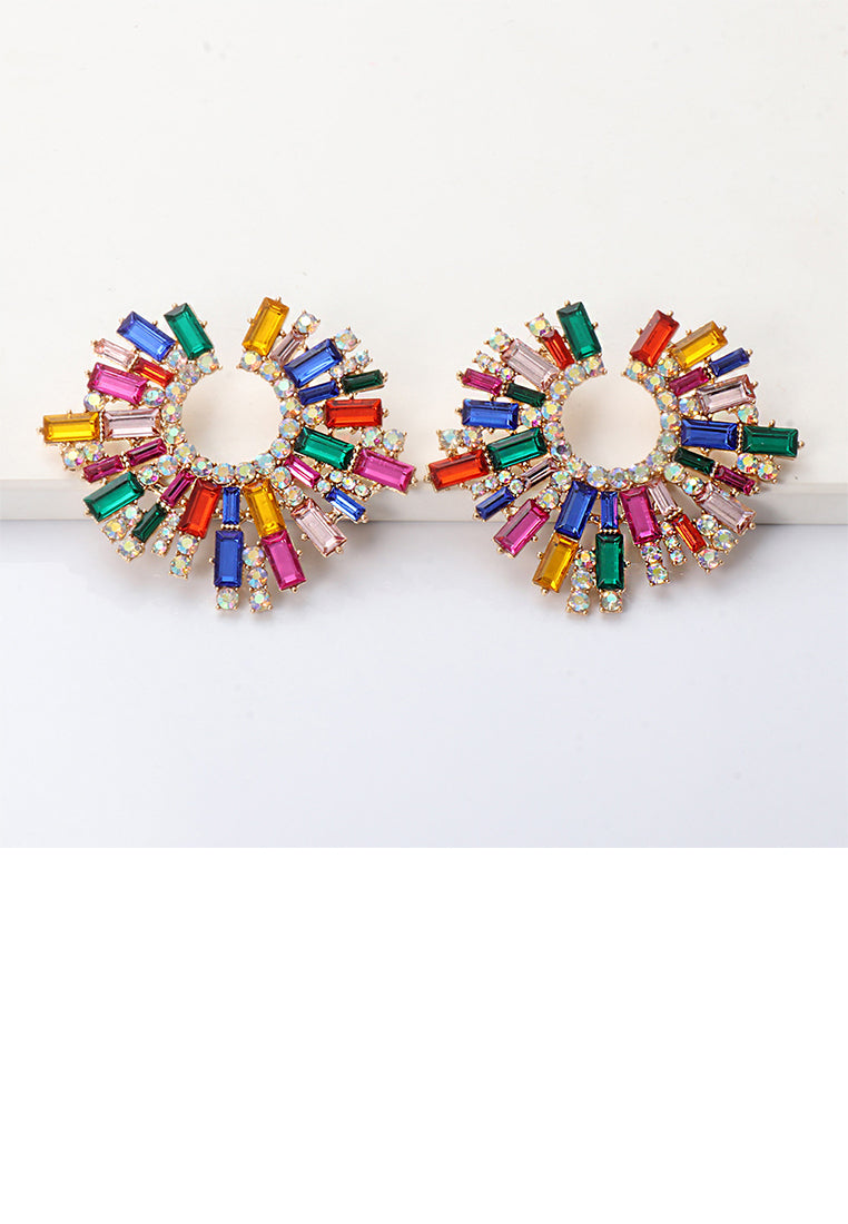 Fashion Brilliant Plated Gold Geometric Stud Earrings with Colored Cubic Zirconia - Luxurious Look