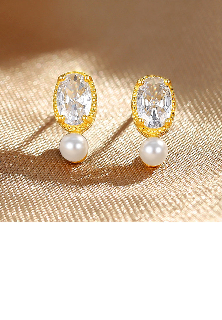 925 Sterling Silver Plated Rose Gold Fashion and Elegant Oval Geometric Imitation Pearl Stud Earrings with Cubic Zirconia - Luxurious Look