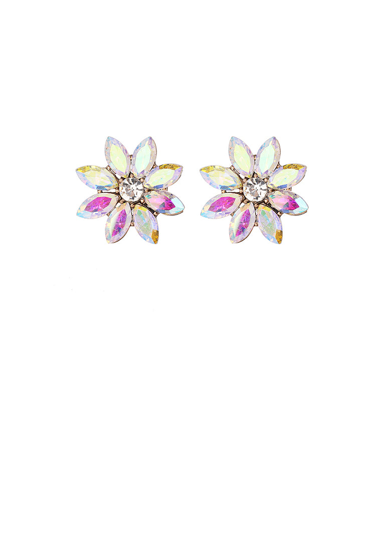 Simple and Fashion Plated Gold Flower Stud Earrings with Colored Cubic Zirconia - Luxurious Look