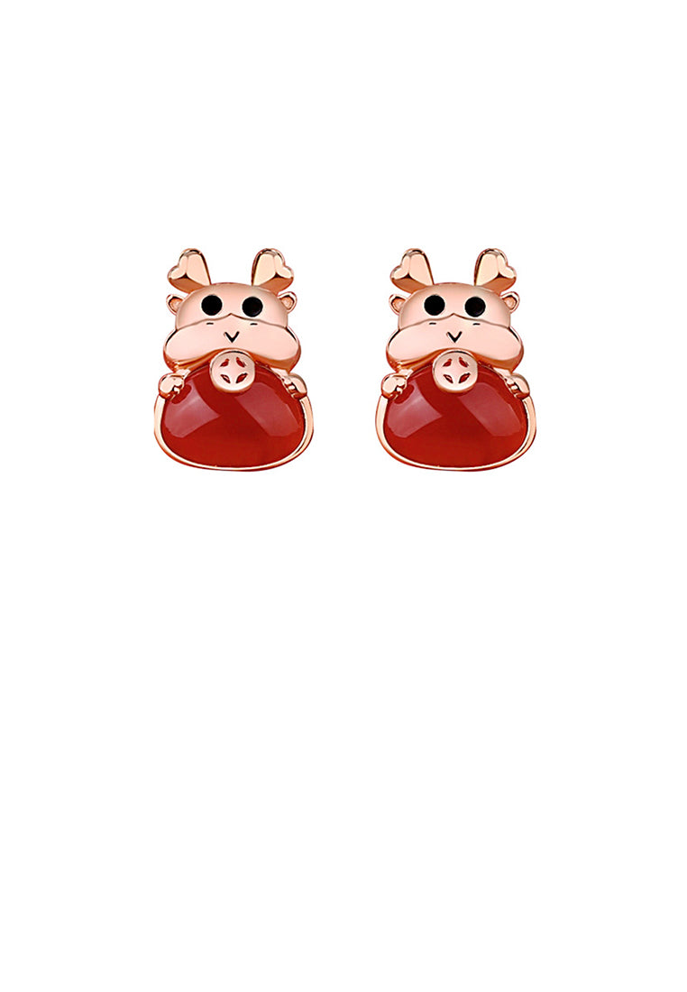 925 Sterling Silver Plated Rose Gold Simple and Cute Chinese Zodiac Dragon Imitation Agate Stud Earrings