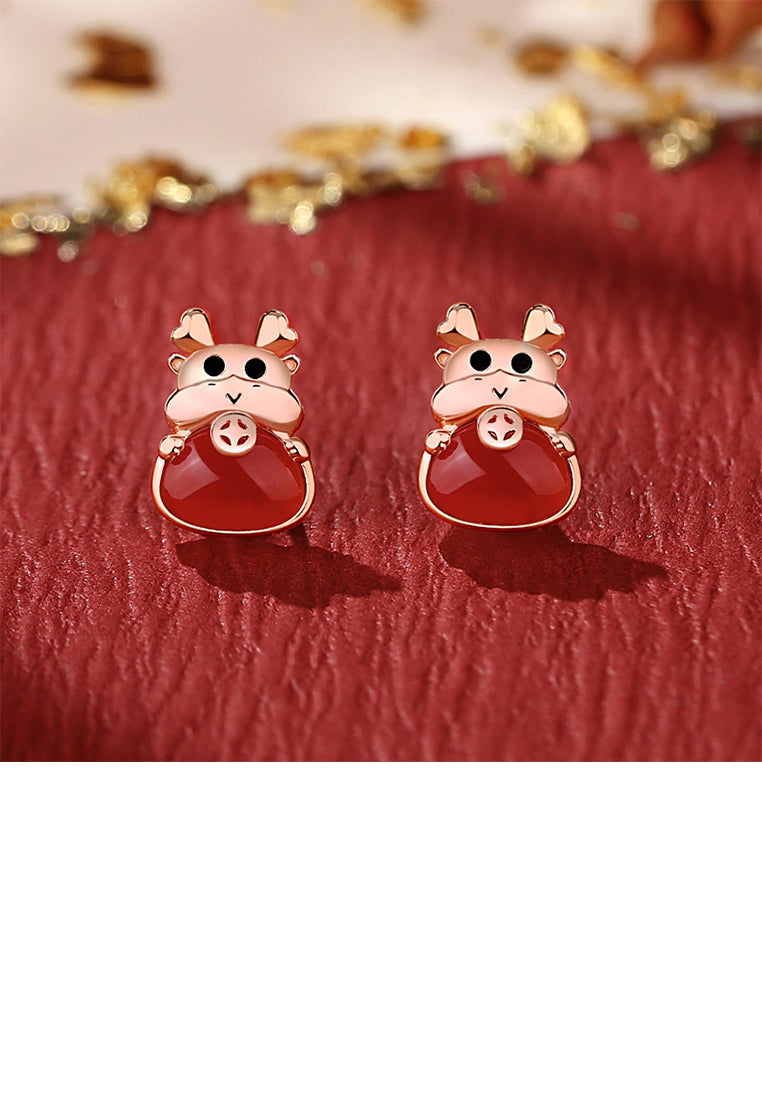 925 Sterling Silver Plated Rose Gold Simple and Cute Chinese Zodiac Dragon Imitation Agate Stud Earrings