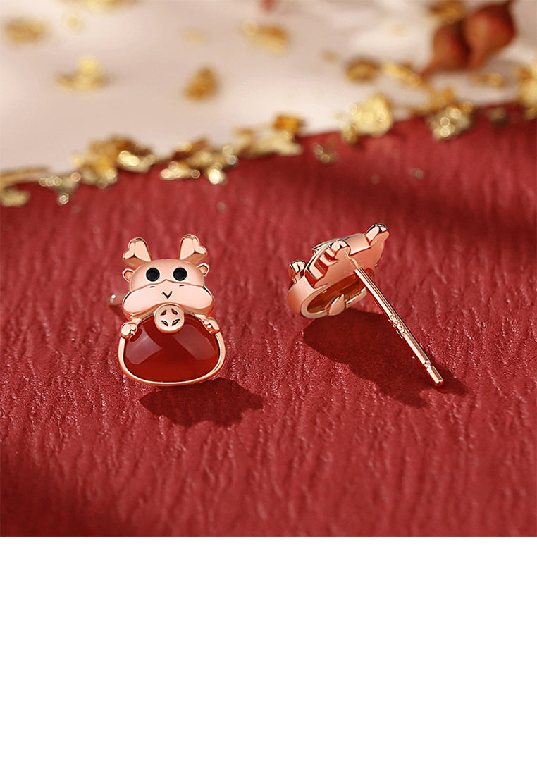925 Sterling Silver Plated Rose Gold Simple and Cute Chinese Zodiac Dragon Imitation Agate Stud Earrings
