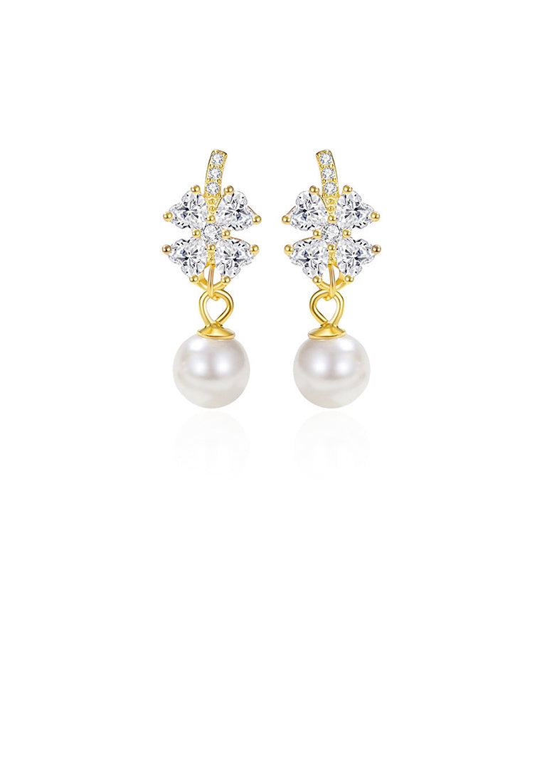 925 Sterling Silver Plated Gold Fashion and Simple Four-leafed Clover Imitation Pearl Earrings with Cubic Zirconia - Luxurious Look