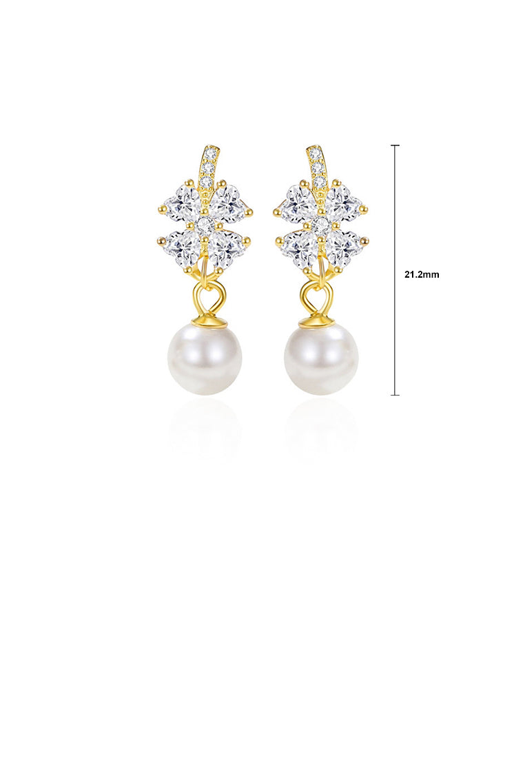 925 Sterling Silver Plated Gold Fashion and Simple Four-leafed Clover Imitation Pearl Earrings with Cubic Zirconia - Luxurious Look