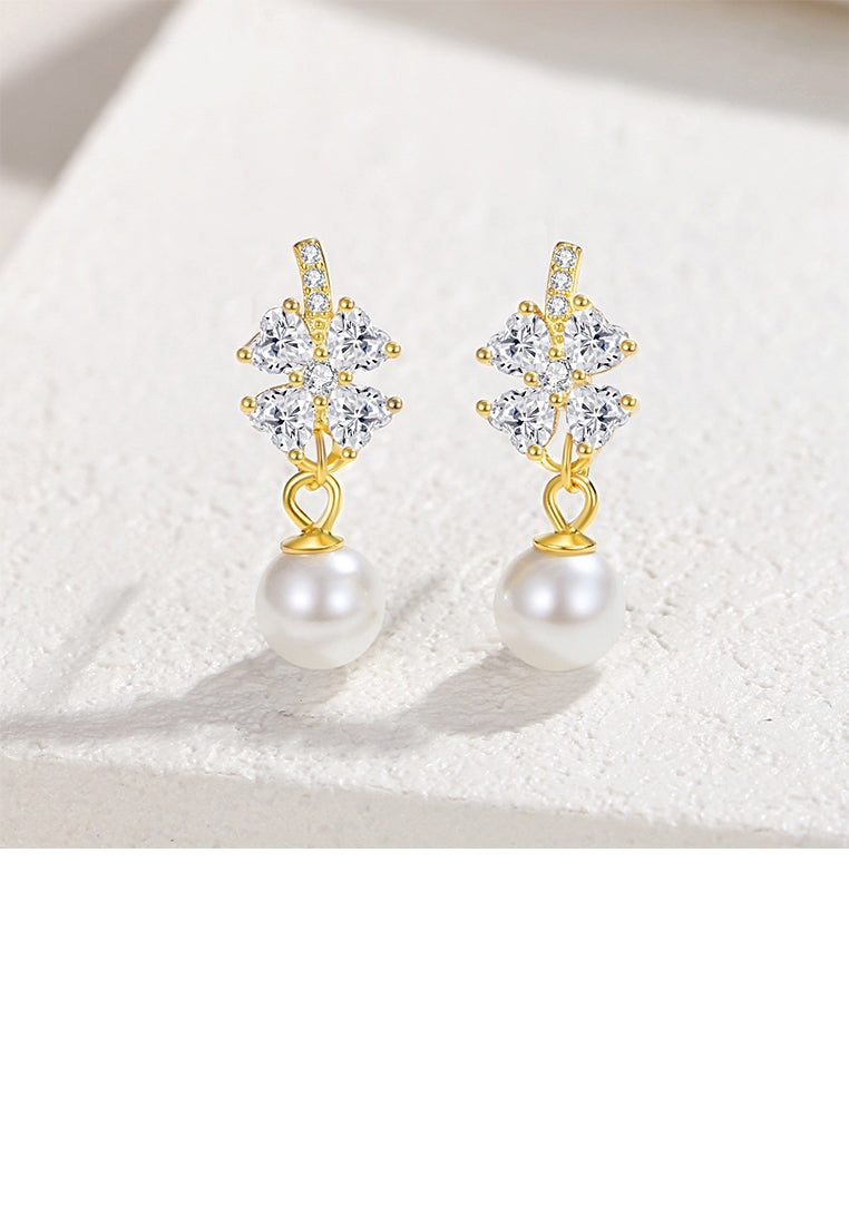 925 Sterling Silver Plated Gold Fashion and Simple Four-leafed Clover Imitation Pearl Earrings with Cubic Zirconia - Luxurious Look