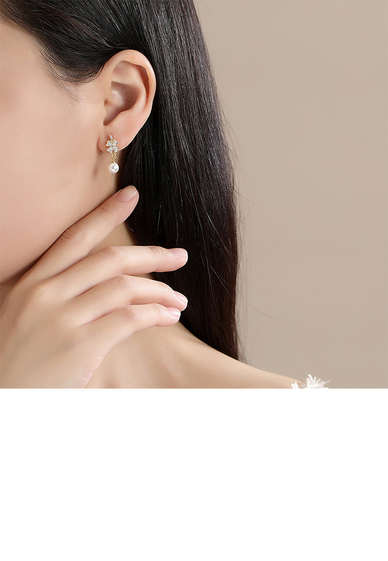 925 Sterling Silver Plated Gold Fashion and Simple Four-leafed Clover Imitation Pearl Earrings with Cubic Zirconia - Luxurious Look