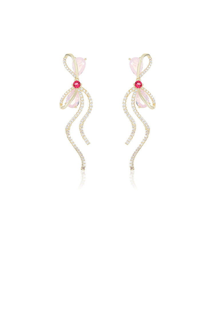 Simple Sweet Plated Gold Ribbon Tassel Earrings with Cubic Zirconia - Luxurious Look