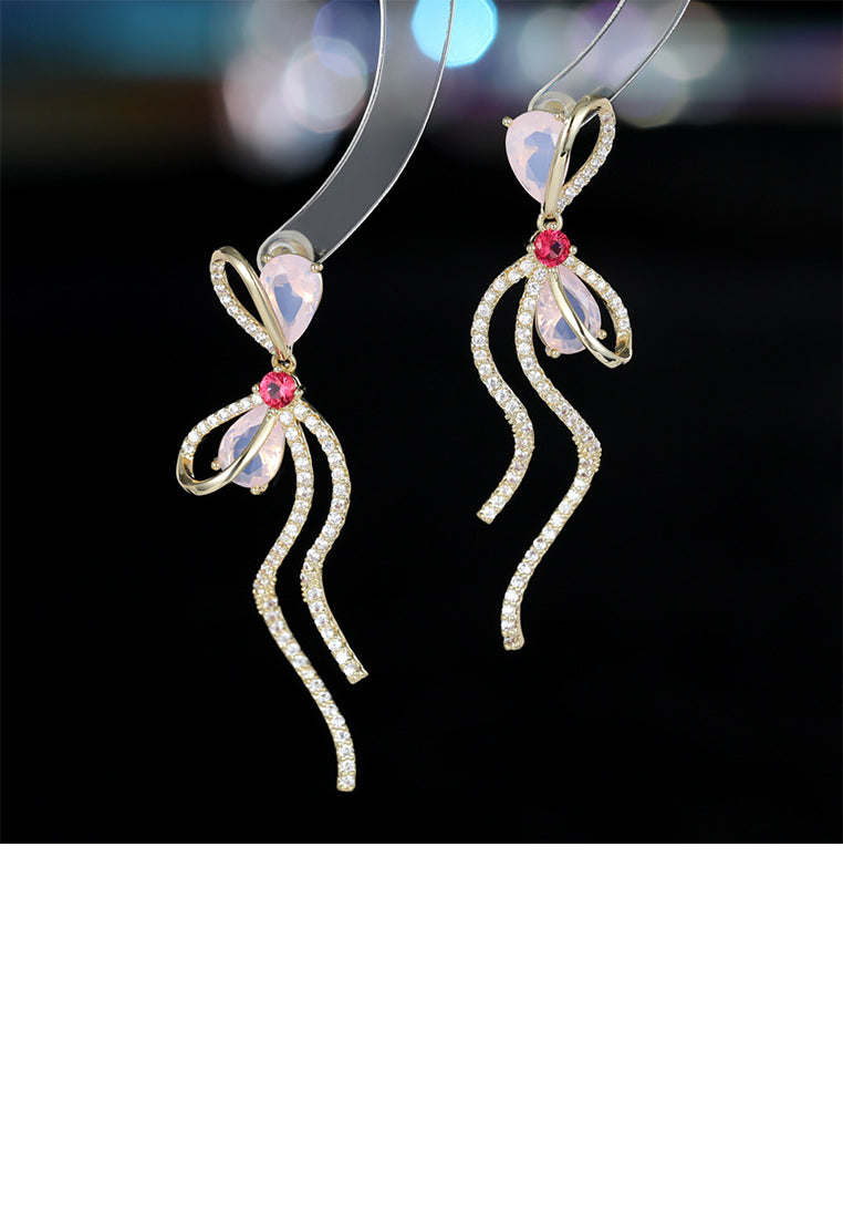 Simple Sweet Plated Gold Ribbon Tassel Earrings with Cubic Zirconia - Luxurious Look