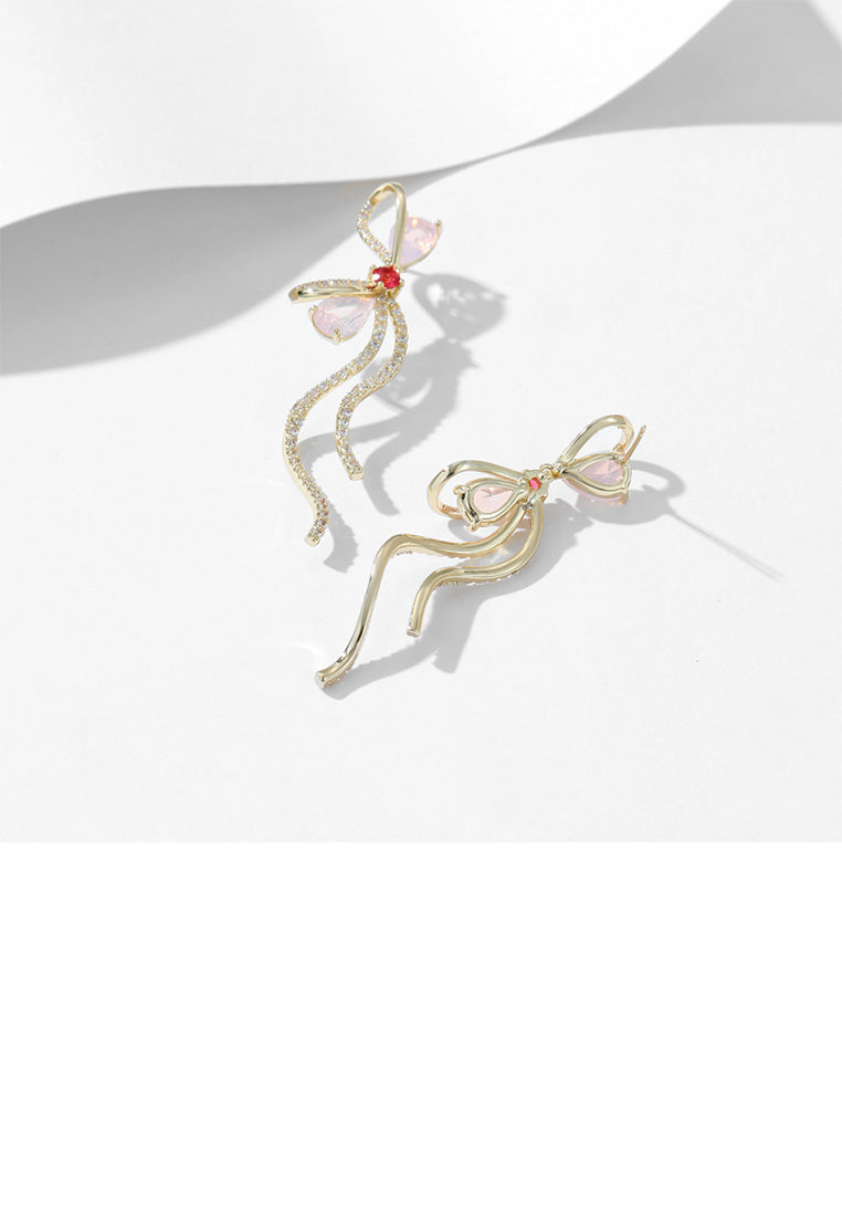 Simple Sweet Plated Gold Ribbon Tassel Earrings with Cubic Zirconia - Luxurious Look