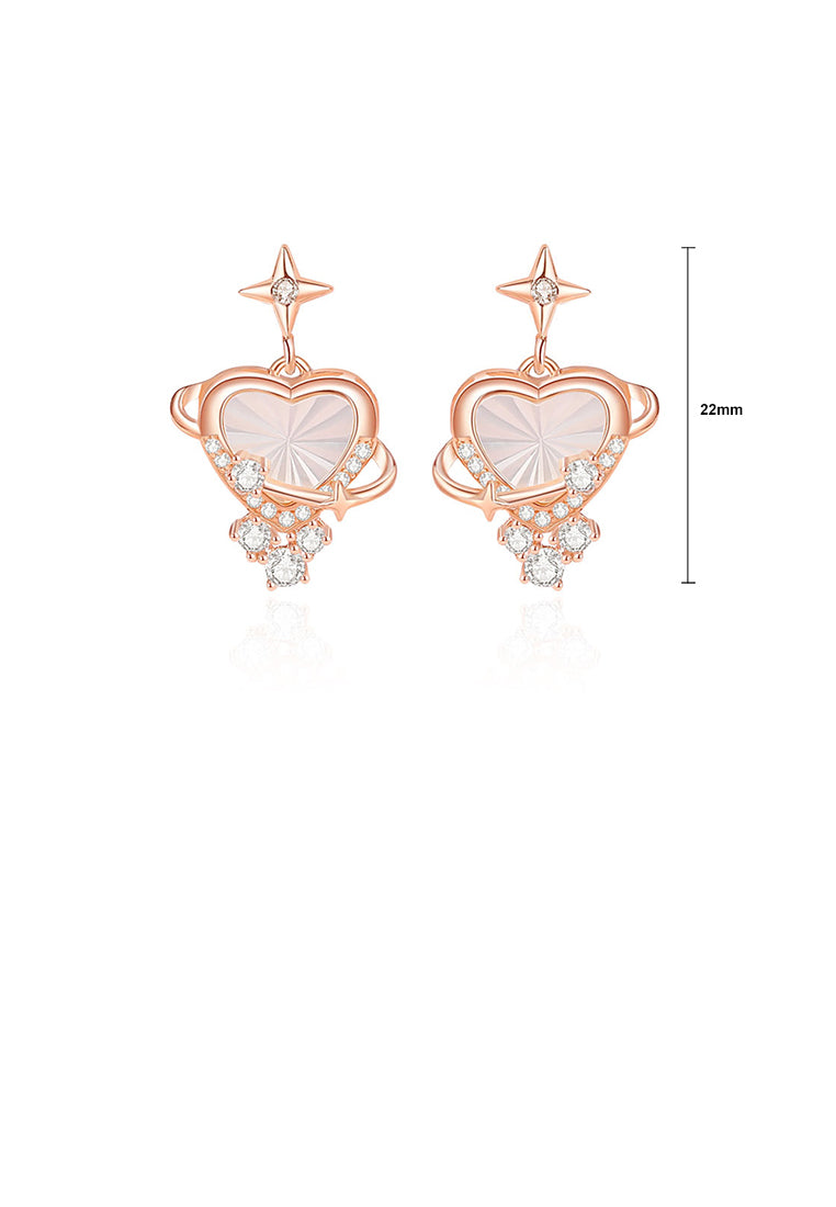 925 Sterling Silver Plated Rose Gold Fashion Simple Heart-shaped Mother-of-pearl Planet Stud Earrings with Cubic Zirconia - Luxurious Look