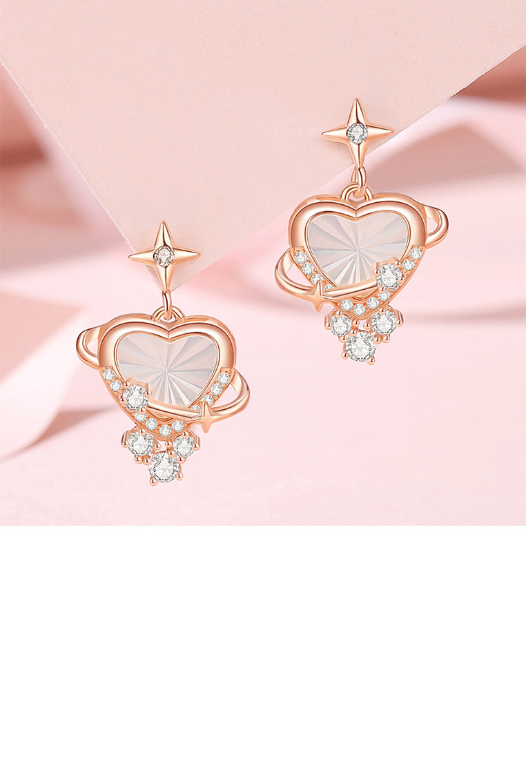 925 Sterling Silver Plated Rose Gold Fashion Simple Heart-shaped Mother-of-pearl Planet Stud Earrings with Cubic Zirconia - Luxurious Look