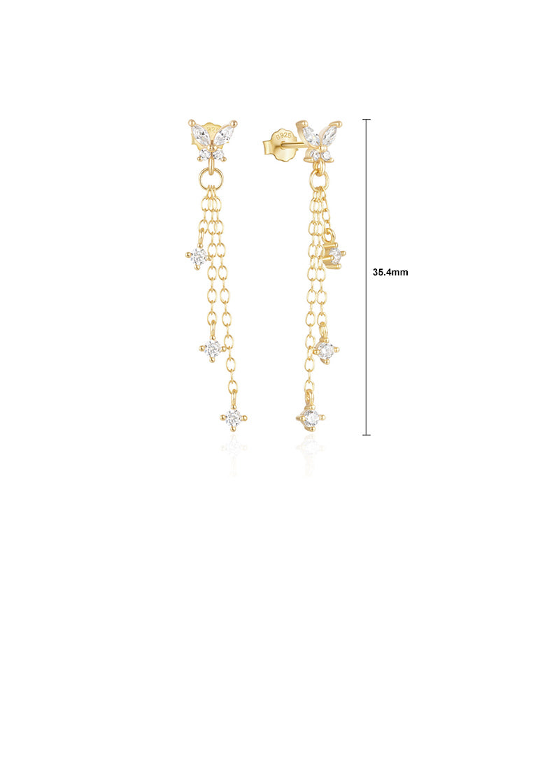 925 Sterling Silver Plated Gold Simple Fashion Butterfly Tassel Earrings with Cubic Zirconia - Luxurious Look