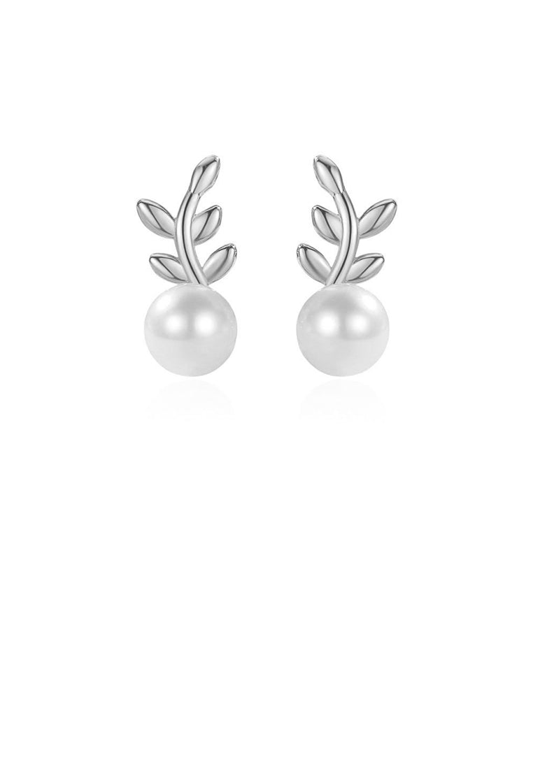925 Sterling Silver Simple Fashion Leaf Imitation Pearl Stud Earrings - Luxurious Look
