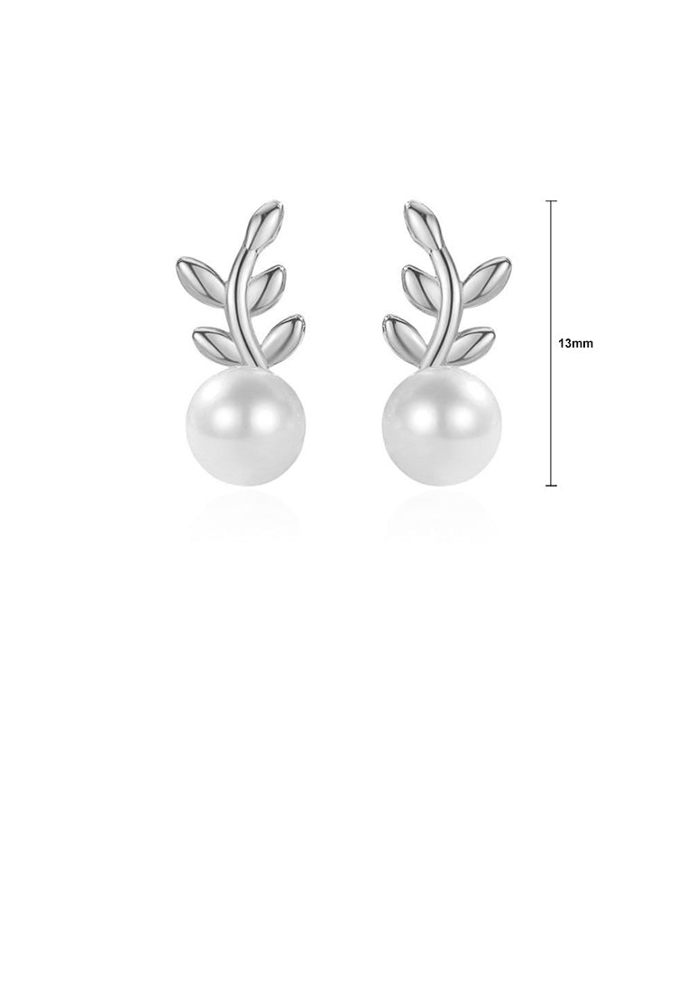 925 Sterling Silver Simple Fashion Leaf Imitation Pearl Stud Earrings - Luxurious Look