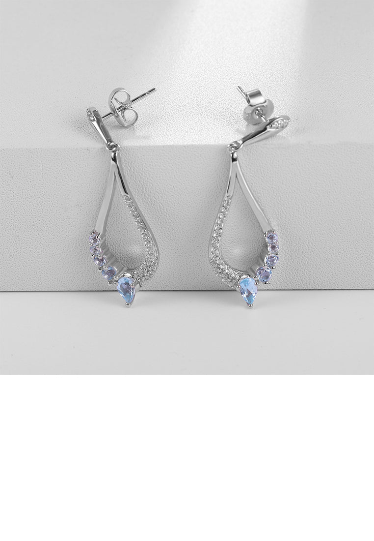 925 Sterling Silver Simple Temperament Hollow Water Drop Shape Geometric Blue Topaz Earrings with Cubic Zirconia - Luxurious Look