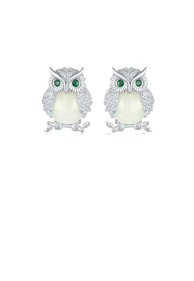 925 Sterling Silver Simple Cute Owl Stud Earrings with Cubic Zirconia - Luxurious Look