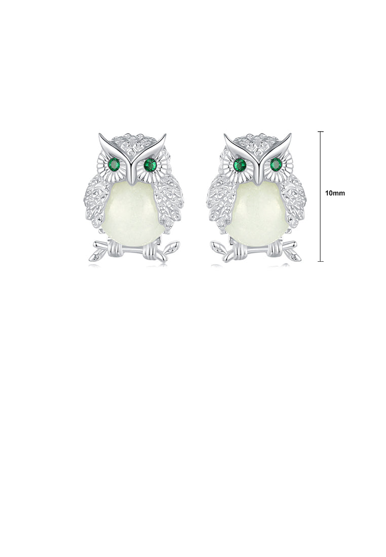 925 Sterling Silver Simple Cute Owl Stud Earrings with Cubic Zirconia - Luxurious Look