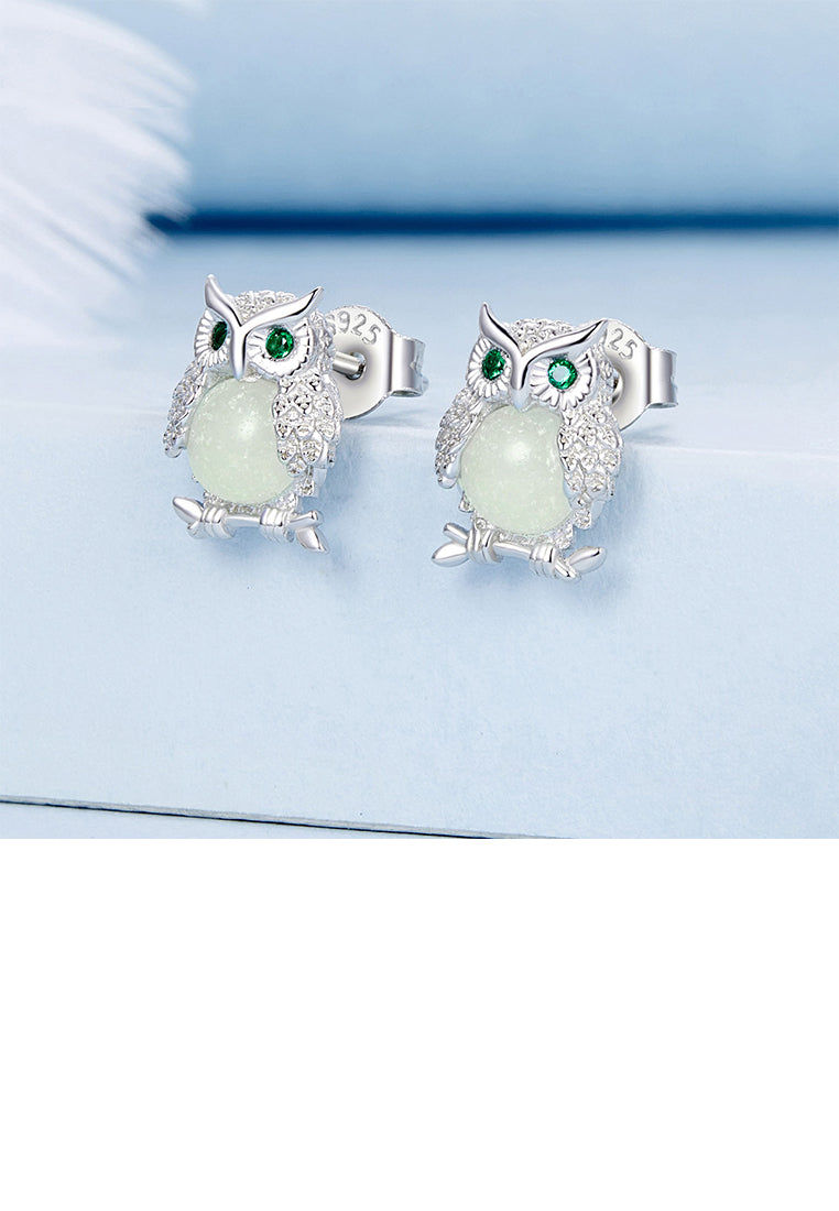 925 Sterling Silver Simple Cute Owl Stud Earrings with Cubic Zirconia - Luxurious Look