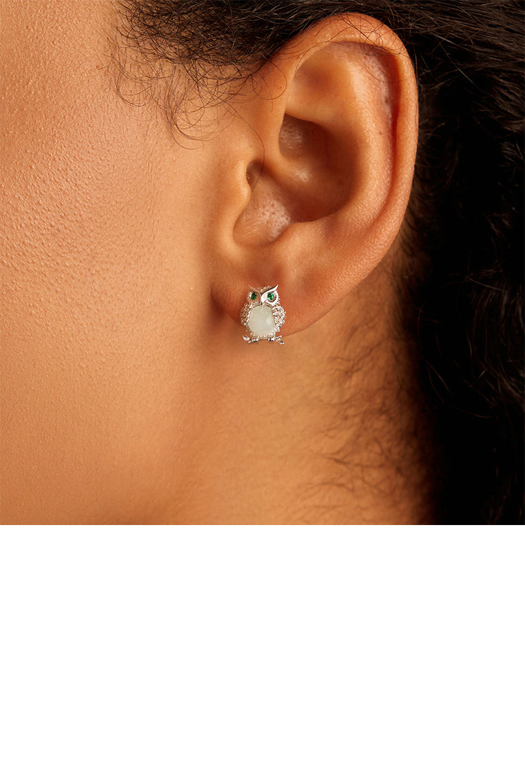 925 Sterling Silver Simple Cute Owl Stud Earrings with Cubic Zirconia - Luxurious Look