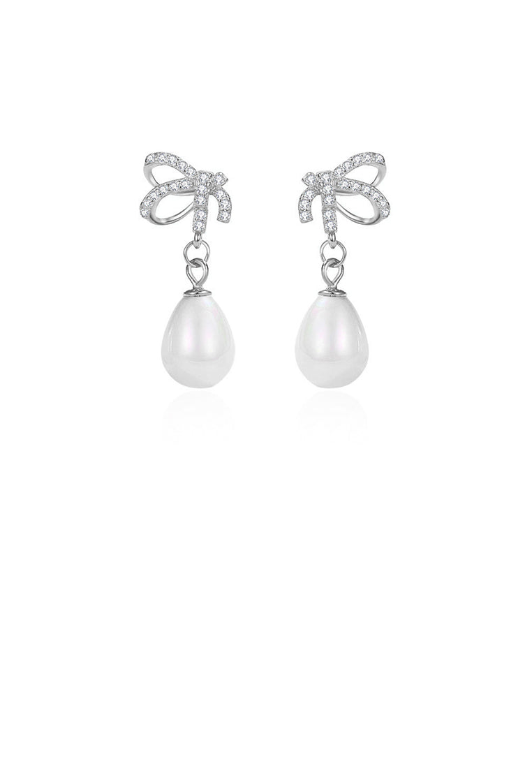 925 Sterling Silver Simple Fashion Ribbon Imitation Pearl Earrings with Cubic Zirconia - Luxurious Look