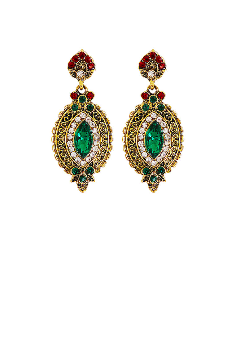 Fashion Vintage Plated Gold Pattern Water Drop-shaped Geometric Earrings with Green Cubic Zirconia - Luxurious Look