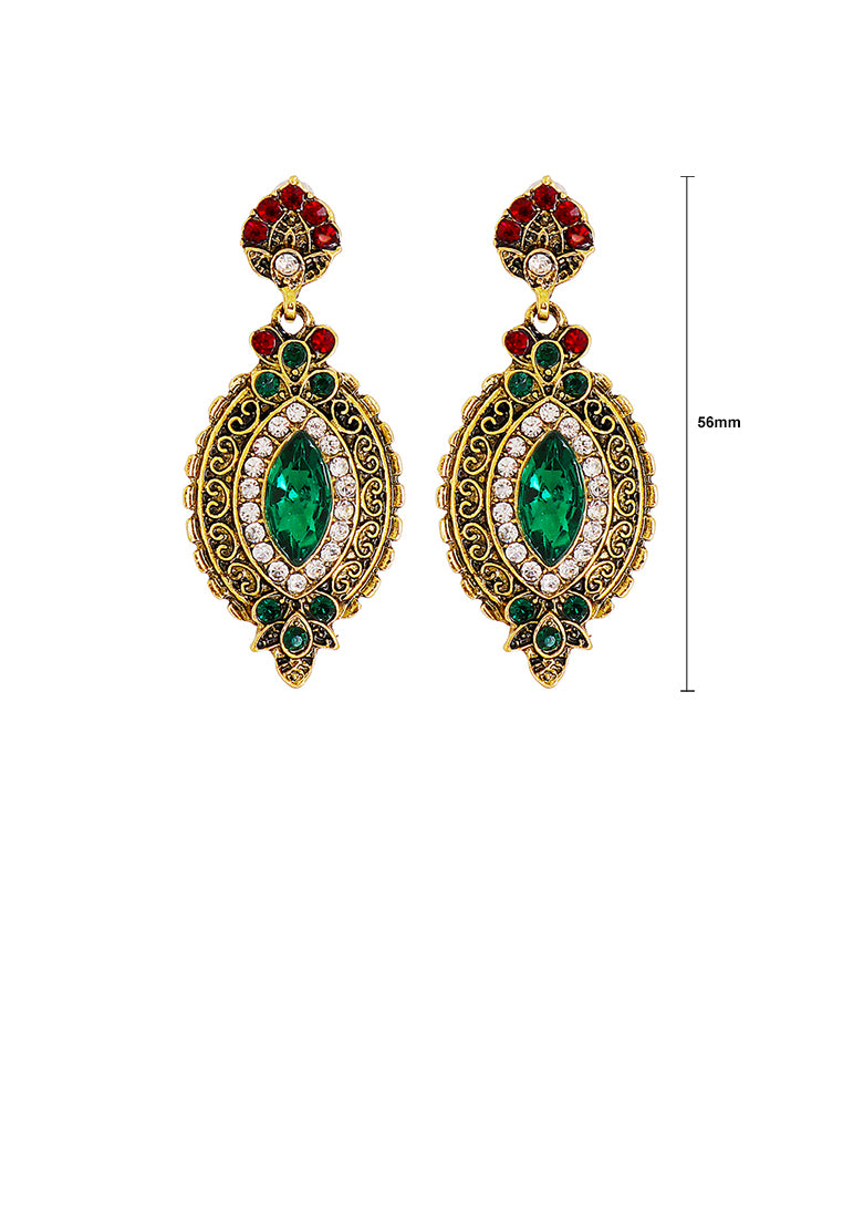 Fashion Vintage Plated Gold Pattern Water Drop-shaped Geometric Earrings with Green Cubic Zirconia - Luxurious Look