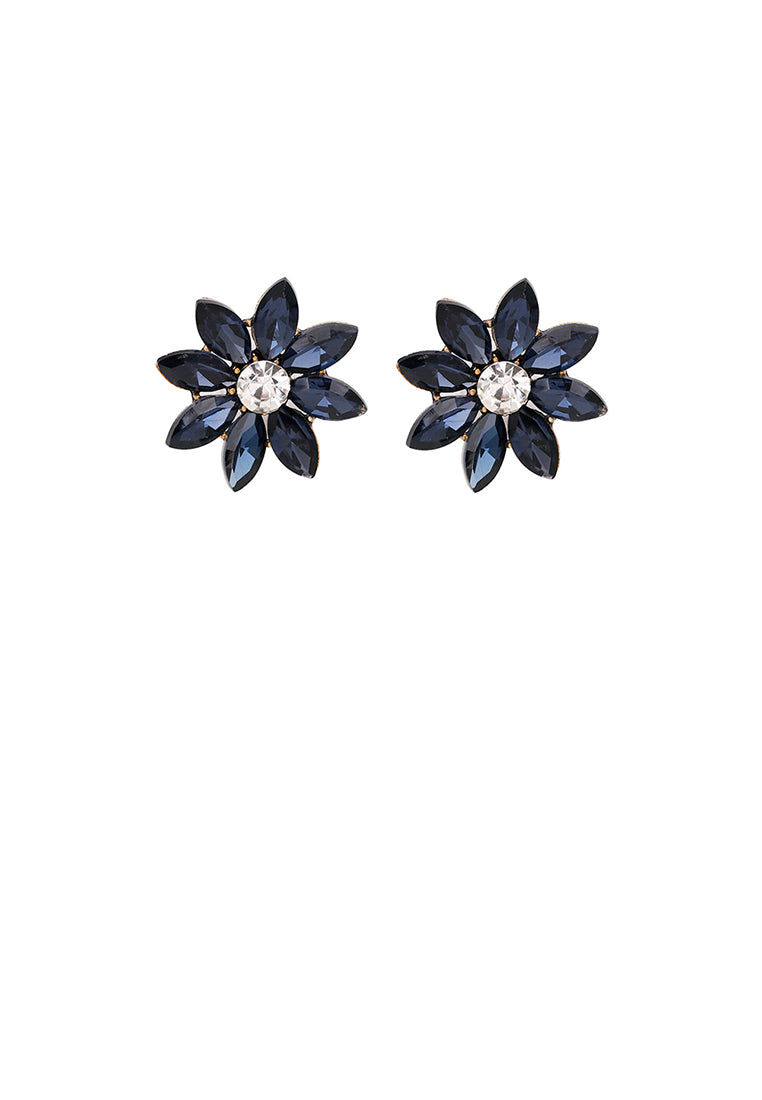 Simple and Fashion Plated Gold Flower Stud Earrings with Dark Blue Cubic Zirconia - Luxurious Look
