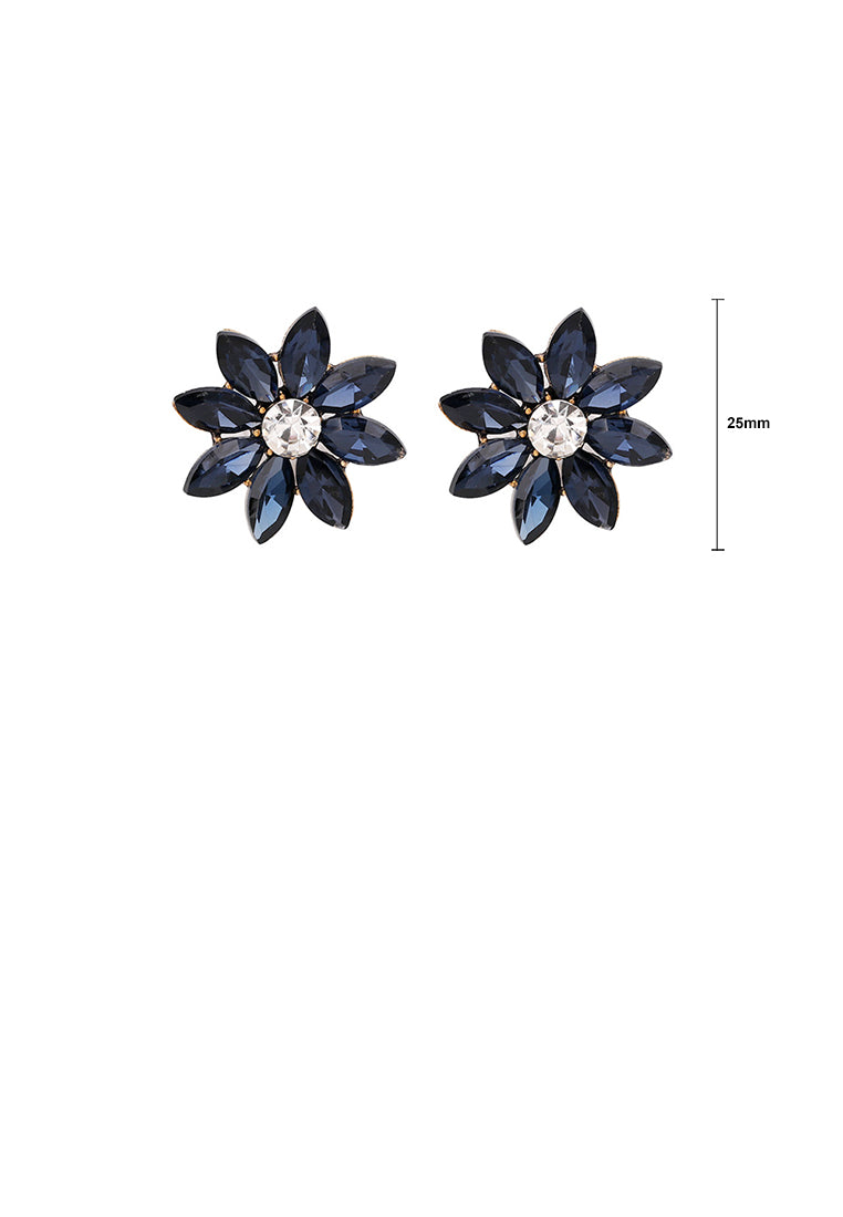 Simple and Fashion Plated Gold Flower Stud Earrings with Dark Blue Cubic Zirconia - Luxurious Look