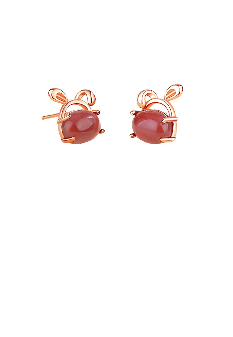 925 Sterling Silver Plated Rose Gold Simple Cute Rabbit Stud Earrings with Red Imitation Agate - Vibrant Color