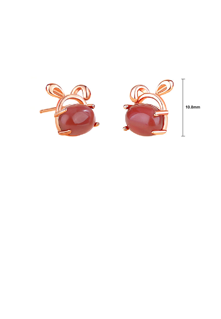 925 Sterling Silver Plated Rose Gold Simple Cute Rabbit Stud Earrings with Red Imitation Agate - Vibrant Color