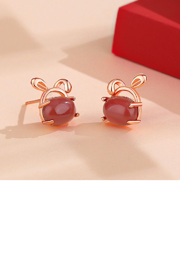 925 Sterling Silver Plated Rose Gold Simple Cute Rabbit Stud Earrings with Red Imitation Agate - Vibrant Color
