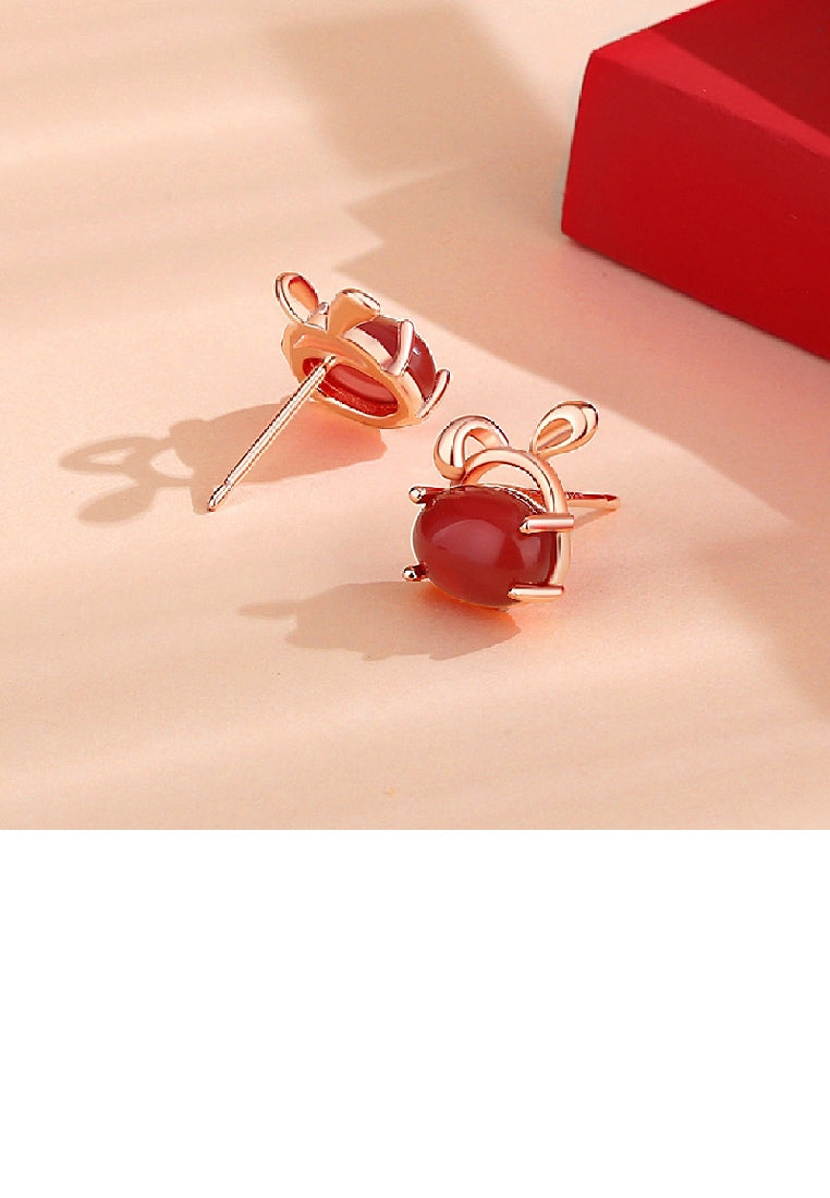 925 Sterling Silver Plated Rose Gold Simple Cute Rabbit Stud Earrings with Red Imitation Agate - Vibrant Color