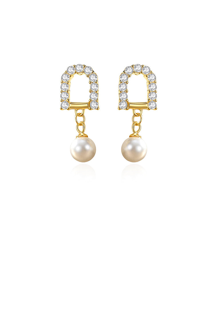 925 Sterling Silver Plated Gold Fashion Simple Geometric Imitation Pearl Earrings with Cubic Zirconia - Luxurious Look