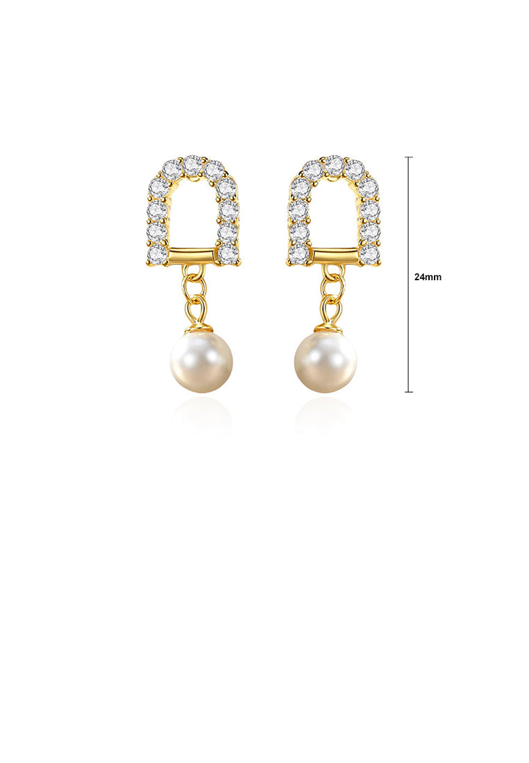 925 Sterling Silver Plated Gold Fashion Simple Geometric Imitation Pearl Earrings with Cubic Zirconia - Luxurious Look